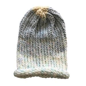 Hand Knitted Crocheted Thick Sock Hat Light Blue White Beanie Winter Hat